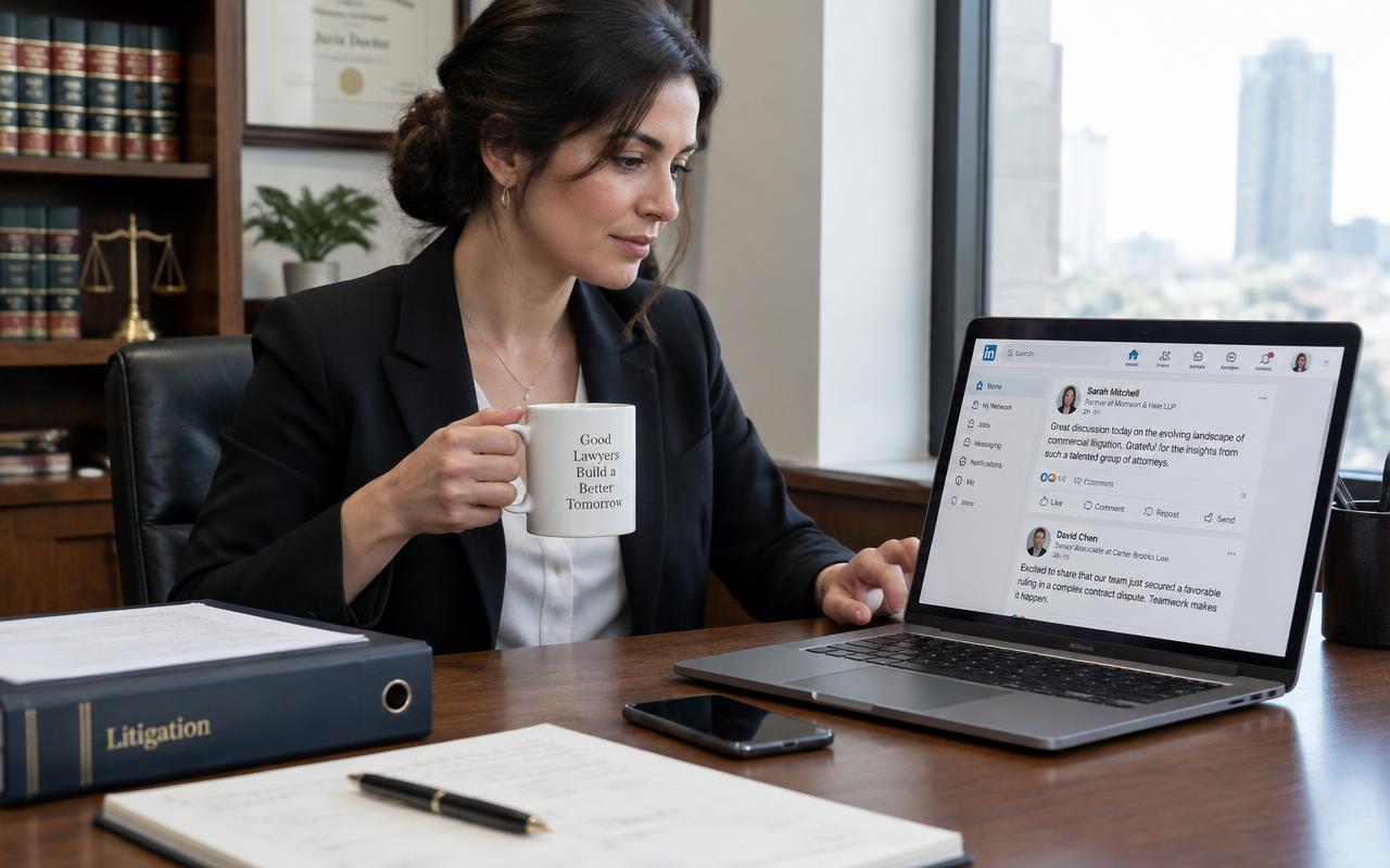 Attorney scrolling a professional feed on her laptop