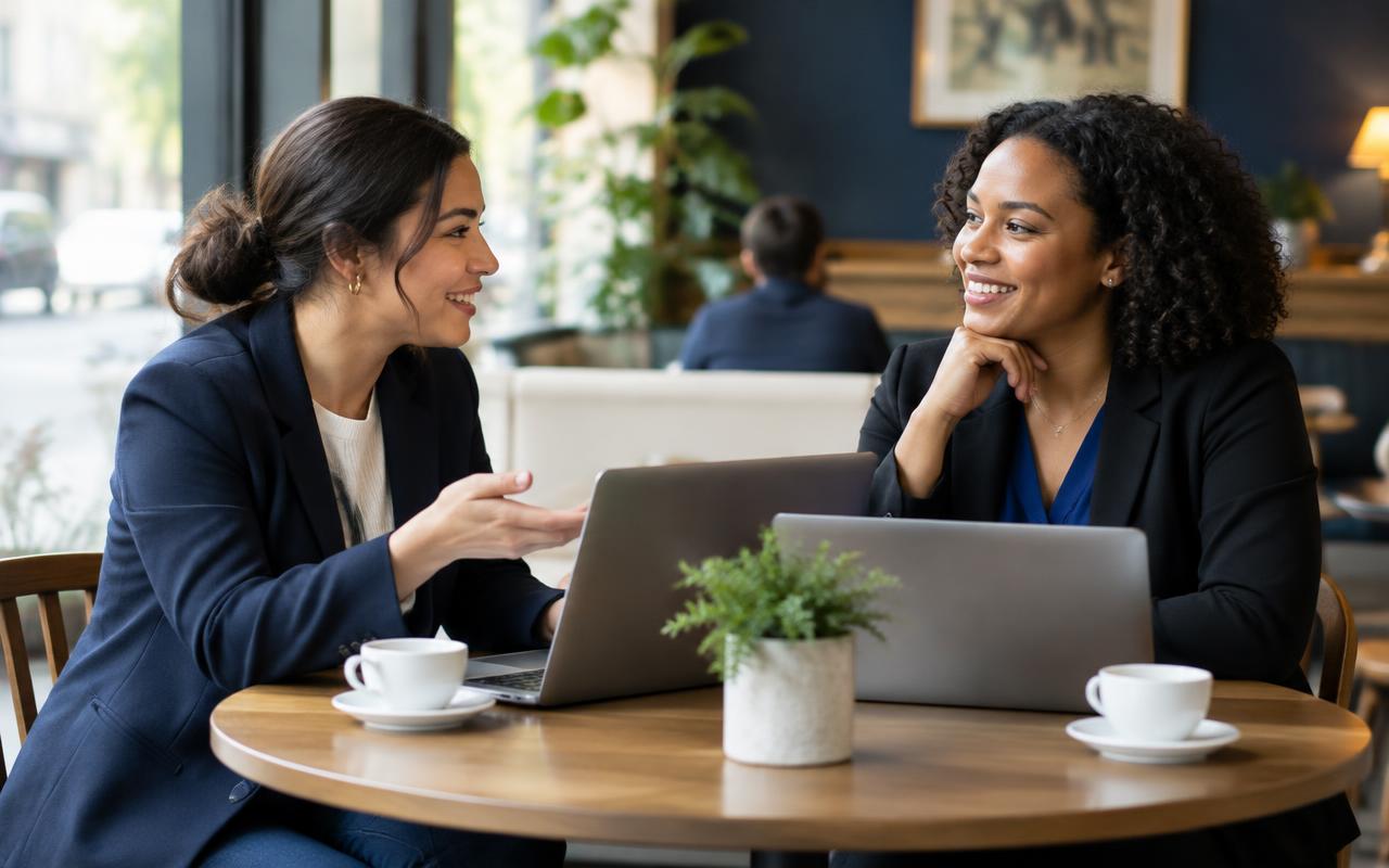 Two legal professionals chatting over coffee at a cafe