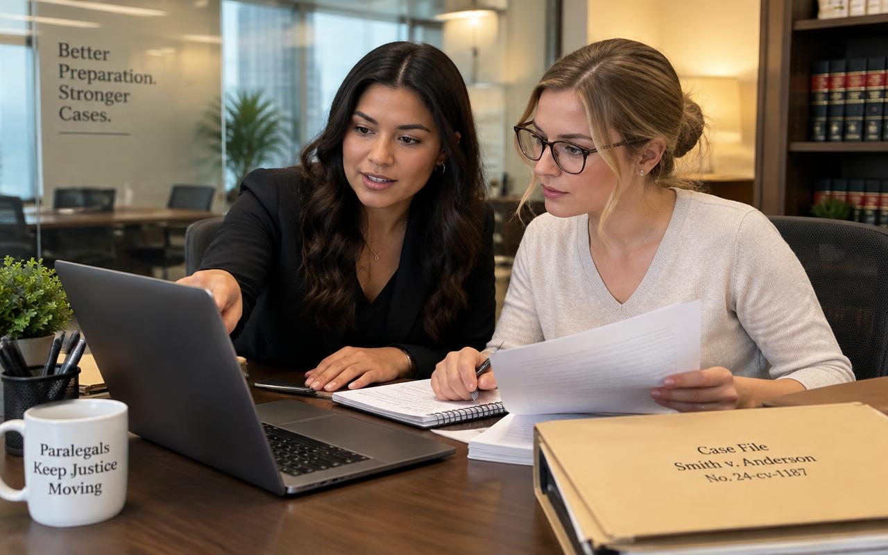 Paralegals reviewing case files together at a laptop